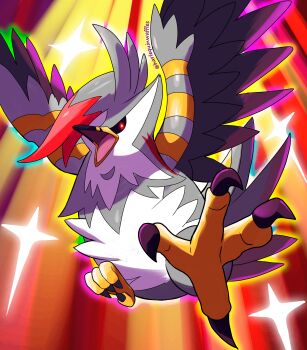 absurdres animal_focus beak bird black_sclera colored_sclera gen_4_pokemon grey_feathers harlequinwaffles highres mega_pokemon mega_staraptor nintendo no_humans open_mouth pokemon pokemon_(creature) pokemon_focus red_eyes staraptor talons wings