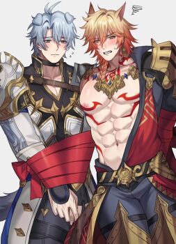 Rule 34 | 2boys, abs, animal ears, antenna hair, arm tattoo, armlet, armor, black choker, black coat, black gloves, black pants, black shirt, blonde hair, blue eyes, blush, bound, bound wrists, braid, cat boy, cat ears, chest tattoo, choker, clawed gauntlets, coat, commentary, dog boy, dog ears, dog tail, earrings, facial tattoo, fingerless gloves, flying sweatdrops, gloves, gold earrings, gold necklace, gradient hair, highres, honkai: star rail, honkai (series), jewelry, large pectorals, leg armor, male focus, medium hair, multicolored hair, multiple boys, muscular, muscular male, mydei (honkai: star rail), neck tattoo, necklace, open clothes, open coat, pants, parted bangs, pauldrons, pectorals, phainon (honkai: star rail), red hair, red ribbon, red tattoo, ribbon, seum (kao husband), shirt, short hair, shoulder armor, side braid, single glove, single pauldron, sun symbol, sun tattoo, sweatdrop, tail, tan, tattoo, white coat, white hair, yaoi, yellow eyes