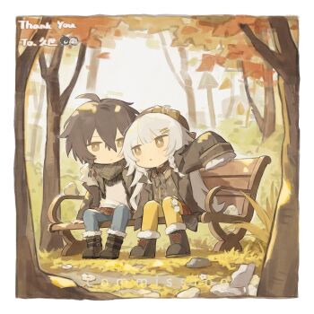 1boy 1girl absurdres ahoge bench black_boots blue_pants blunt_bangs boots border braid bright_pupils brown_eyes brown_hair brown_hat brown_jacket brown_scarf chibi chibi_only closed_mouth commission day double-parted_bangs forest frilled_sleeves frills full_body grass hair_between_eyes hair_ornament hairclip haiyan_limeng hand_up hat highres jacket lace-up_boots long_hair long_sleeves looking_at_another nature open_clothes open_jacket open_mouth original outdoors pants pantyhose parallel_hairclips red_skirt rock scarf short_hair side_braids sitting skirt sleeves_past_fingers sleeves_past_wrists tree twin_braids white_border white_hair white_pupils yellow_pantyhose