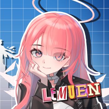 Rule 34 | 1girl, arknights, black jacket, blue background, character name, closed mouth, commentary request, geomiddang, grid background, halo, hand up, highres, jacket, korean commentary, lemuen (arknights), long hair, looking at viewer, open clothes, open jacket, outline, pink eyes, pink hair, shirt, smile, solo, upper body, white outline, white shirt