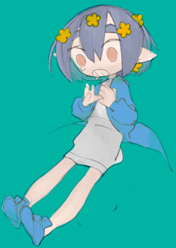 blue_hair blue_jacket blue_shoes flower green_background hair_between_eyes hair_flower hair_ornament highres jacket mizuno_ai open_mouth pointy_ears red_eyes shirt shoes short_hair simple_background tears umezawa_michiko white_shirt zombie_land_saga