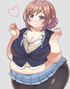 1girl belly black_pantyhose blue_eyes blue_jacket blue_skirt blush bond_dayo breasts breasts_squeezed_together brown_hair cleavage fat fat_woman grey_background hair_bun heart jacket large_breasts midriff miniskirt muffin_top original pantyhose shirt single_hair_bun skirt sleeveless sleeveless_jacket sleeveless_shirt smile solo standing sweater_vest tight_clothes white_shirt