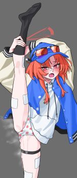 Rule 34 | 1girl, absurdres, bandaid, bandaid on face, bandaid on leg, bandaid on nose, black socks, blue archive, blue hat, blue jacket, blush, commentary request, eyewear on headwear, fang, furrowed brow, grey background, halo, hat, highres, hood, hoodie, jacket, kneehighs, korean commentary, letterman jacket, long sleeves, looking at viewer, medium hair, mole, mole under eye, okokorika, open mouth, orange-tinted eyewear, orange hair, panties, parted bangs, peeing, peeing self, pink eyes, polka dot, polka dot panties, rei (blue archive), socks, solo, split, sports sunglasses, standing, standing on one leg, standing split, steam, sunglasses, tearing up, thigh strap, tinted eyewear, underwear, upper body, white hoodie, white panties