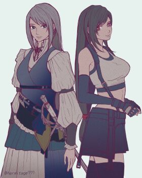 2girls bare_shoulders black_gloves black_hair black_skirt black_thighhighs blue_eyes blue_vest breasts closed_mouth commentary cowboy_shot crop_top elbow_gloves english_commentary final_fantasy final_fantasy_vii final_fantasy_vii_remake final_fantasy_xvi fingerless_gloves gloves grey_hair ha_lu77 highres in-franchise_crossover jill_warrick large_breasts long_hair long_sleeves looking_at_viewer low-tied_long_hair midriff multiple_girls red_eyes sheath sheathed shirt simple_background skirt smile suspender_skirt suspenders sword tank_top thighhighs tifa_lockhart twitter_username vest weapon white_shirt white_tank_top zettai_ryouiki