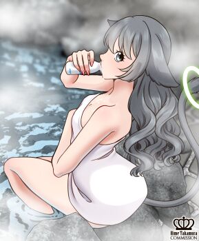 1girl animal_ears artist_name bottle breasts cat_ears cat_girl cat_tail commission commissioner_upload drinking dripping green_halo grey_eyes grey_hair halo highres hime_takamura long_hair milk milk_bottle naked_towel onsen partially_submerged sexually_suggestive sitting small_breasts spilled_milk tail tail_halo towel water watermark wavy_hair