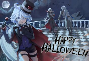 1boy 2girls arlecchino_(genshin_impact) bat_(animal) black_eyes blue_eyes blue_shirt cape coat drop-shaped_pupils eyelash_ornament fingernail_gloves flower furina_(genshin_impact) genshin_impact gradient_skin grey_coat halloween halloween_costume happy_halloween hat heterochromia highres holding holding_flower mismatched_pupils moon multicolored_hair multiple_girls neuvillette_(genshin_impact) popped_collar red_flower red_pupils red_rose rose shirt streaked_hair symbol-shaped_pupils top_hat trick_or_treat vampire vampire_costume white_hair yukii91218