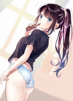 1girl black_shirt blue_eyes blue_panties bottle brown_hair drinking highres holding holding_bottle kaga_nazuna looking_at_viewer lupinus_virtual_games no_pants notice_lines panties pink_hair pome_charo ponytail shirt solo t-shirt underwear virtual_youtuber vspo!