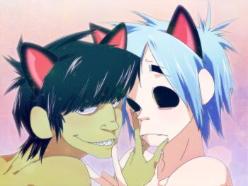 2boys 2d_(gorillaz) animal_ears black_hair blue_hair fangs gorillaz heterochromia highres male_focus multiple_boys murdoc_niccals smile yaoi
