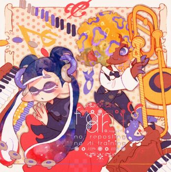 Rule 34 | 2girls, black dress, black hair, black necktie, black pants, black suspenders, closed eyes, collared shirt, dark-skinned female, dark skin, detached hair, dress, hair over one eye, highres, holding, holding instrument, holding trombone, instrument, jessika (splatoon), kappaman, long sleeves, multiple girls, necktie, nintendo, pants, piano, purple eyes, red hair, shirt, shiver (splatoon), smile, splatoon (series), splatoon 3, tao blu, tentacle hair, trombone, white shirt
