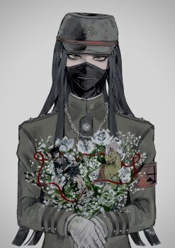 1boy 2girls bandaged_hand bandages bouquet chabashira_tenko commentary_request danganronpa_(series) danganronpa_v3:_killing_harmony flower green_eyes green_jacket grey_hair highres holding holding_bouquet holding_mini_person jacket long_hair looking_at_viewer male_focus mask mini_person mouth_mask multiple_girls pitta_(oshirinokeeeee) shinguji_korekiyo solo straight-on yonaga_angie