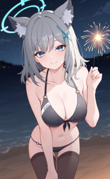 1girl absurdres animal_ear_fluff animal_ears beach bikini black_bikini black_thighhighs blue_archive breasts cleavage closed_mouth collarbone cowboy_shot cross_hair_ornament grey_hair hair_ornament halo hand_up highres holding holding_fireworks large_breasts looking_at_viewer mismatched_pupils navel night origami_(poinia) shiroko_(blue_archive) sky smile solo stomach swimsuit thighhighs water wolf_ears