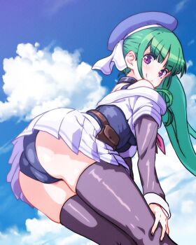 1girl ass badluck2033 beret black_thighhighs blue_hat blue_sky cloud detached_sleeves green_hair hand_on_own_knee hat high_ponytail highres looking_at_viewer miniskirt one-piece_swimsuit original ponytail purple_eyes skirt sky smile solo swimsuit thighhighs white_skirt