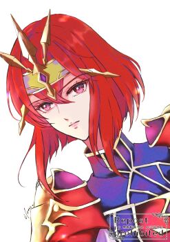 Rule 34 | 1girl, armor, bob cut, closed mouth, double-parted bangs, english text, fire emblem, fire emblem: mystery of the emblem, fire emblem warriors, floating hair, gold tiara, hair between eyes, highres, inverted bob, minerva (fire emblem), nintendo, official alternate costume, pauldrons, red eyes, red hair, short hair, shoulder armor, signature, simple background, solo, tiara, upper body, white background, yori ilrosso