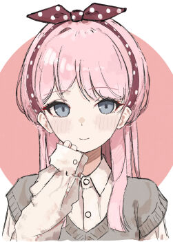 Rule 34 | 1girl, bang dream!, bang dream! it's mygo!!!!!, blush, chihaya anon, closed mouth, commentary, dress shirt, grey eyes, grey sweater vest, hairband, highres, long hair, opuricheri, pink hair, shirt, sleeves past wrists, solo, sweater vest, upper body, white shirt