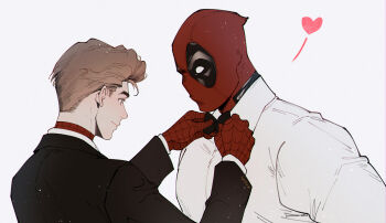 2boys back black_bow black_bowtie black_jacket bodysuit bow bowtie brown_eyes brown_hair chinese_commentary closed_mouth collared_shirt danmo222 deadpool deadpool_(series) hands_up heart jacket long_sleeves looking_at_another male_focus marvel multiple_boys peter_parker red_bodysuit shirt short_hair simple_background smile spider-man spider-man_(series) spider_web_print suit_jacket superhero_costume upper_body white_background white_shirt