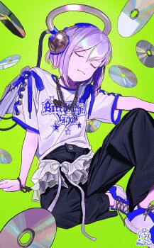 1girl absurdres angel black_pants bracelet cable cd closed_eyes closed_mouth clothes_writing cross-laced_clothes cross-laced_sleeves green_background halo headphones highres jewelry kagenoyuhi knee_up mechanical_halo mechanical_wings necklace original pants puffy_short_sleeves puffy_sleeves shirt shoes short_sleeves signature sitting sneakers solo white_shirt wings