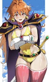 1girl absurdres breasts cape commentary commission earrings english_commentary fang gloves headband highres jewelry lina_inverse long_hair orange_hair park_ongjol red_eyes slayers solo sphere_earrings sword weapon