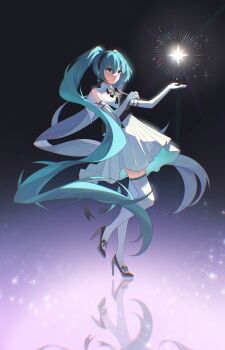 1girl absurdres aqua_eyes aqua_hair back_bow black_bow black_shoes bow bow_hairband bowtie colored_shoe_interior commentary_request crossed_ankles dress elbow_gloves footwear_bow formal_clothes gloves hair_between_eyes hairband hatsune_miku high-low_dress high_collar high_heels highres holic_1017 long_hair miku_symphony_(vocaloid) official_alternate_costume parted_lips pumps reflection shoes sidelocks sleeveless sleeveless_dress standing standing_on_one_leg thighhighs twintails two-sided_bow two-sided_ribbon very_long_hair vocaloid white_dress white_gloves white_thighhighs zettai_ryouiki