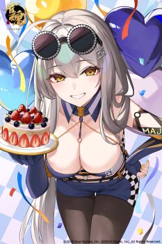 1girl absurdres ahoge asymmetrical_gloves balloon birthday_cake black_pantyhose blue_gloves breasts cake cleavage elbow_gloves eyewear_on_head fingerless_gloves food gloves grey_hair heart_balloon highres kitami_sawako large_breasts leaning_forward long_hair looking_at_viewer mahjong_soul mismatched_gloves navel official_art pantyhose race_queen round_eyewear second-party_source shorts smile sunglasses takehana_note yellow_eyes yellow_nails