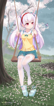 1girl animal_ears artist_name azur_lane blue_bow blue_jacket blue_ribbon blue_skirt bow bug butterfly cherry_blossoms chinese_commentary cloud cloudy_sky dated dress fake_animal_ears feet forest grass hairband highres insect jacket laffey_(azur_lane) laffey_(picnic_adventure?)_(azur_lane) long_hair long_sleeves nature official_alternate_costume on_swing petals pleated_skirt rain red_eyes red_hairband ribbon sandals shirt shirt_under_dress shoes single_shoe sitting skirt sky solo swing thighhighs toes tree twintails unworn_shoes very_long_hair wet wet_clothes white_footwear white_hair white_shirt white_thighhighs white_trim xiao_shi_lullaby yellow_dress