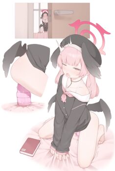 1girl bare_shoulders beret black_headwear black_shirt blue_archive blush book bottomless breasts collarbone dildo dildo_riding female_focus female_masturbation full_body halo hat head_wings highres koharu_(blue_archive) long_hair long_sleeves masturbation multiple_views object_insertion off_shoulder one_eye_closed open_door open_mouth peachyp pink_eyes pink_hair sailor_collar sex_toy shirt sleeves_past_wrists small_breasts thighs twintails vaginal vaginal_object_insertion white_sailor_collar wings