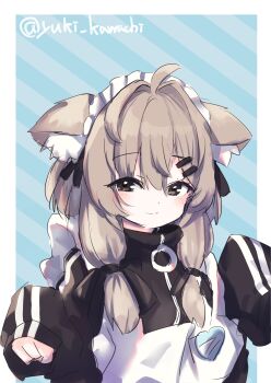 Rule 34 | 1girl, absurdres, ahoge, animal ear fluff, animal ears, apron, black jacket, blush, brown eyes, brown hair, closed mouth, commentary request, diagonal-striped background, hair between eyes, hair intakes, hair ornament, hairclip, highres, jacket, jersey maid, long hair, long sleeves, mafuyu (vrchat), maid, maid apron, maid headdress, puffy long sleeves, puffy sleeves, sleeves past fingers, sleeves past wrists, smile, solo, striped background, track jacket, twitter username, unconventional maid, vrchat, white apron, yuki kawachi