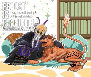 2boys bald bracelet bugenhagen closed_eyes fangs final_fantasy final_fantasy_vii fire flame-tipped_tail full_body jewelry lying male_focus mrg2by multiple_boys old old_man on_stomach open_mouth orange_fur red_hair red_xiii robe sitting sparkle sunglasses tail white_beard