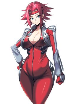 1girl absurdres blue_eyes bodysuit breasts cleavage clenched_hand closed_mouth code_geass cowboy_shot hairband hand_on_own_hip highres kouzuki_kallen large_breasts looking_at_viewer red_bodysuit red_hair red_hairband short_hair simple_background skin_tight solo spiked_hair white_background wide_hips yamada_hatsune