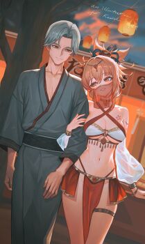 1boy 1girl absurdres bare_shoulders breasts brown_eyes choker collarbone dancer father_and_child father_and_daughter genshin_impact grey_hair groin highres large_breasts long_hair mouth_veil naganohara_ryuunosuke navel orange_hair parent_and_child pelvic_curtain qingli_ye red_choker short_hair standing stomach thigh_strap underboob veil yoimiya_(genshin_impact)