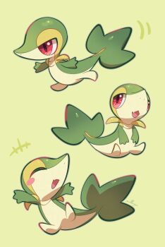 Rule 34 | absurdres, blush, closed eyes, commentary, fang, gen 5 pokemon, highres, nintendo, no humans, nullma, open mouth, pokemon, pokemon (creature), pokemon focus, red eyes, skin fang, smile, snake, snivy, symbol-only commentary, tail