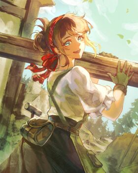 Rule 34 | 1girl, black skirt, blue eyes, brown hair, building, cowboy shot, day, gloves, green gloves, hair ribbon, hairband, hammer, highres, holding, ilyscia, long skirt, looking at viewer, octopath traveler, octopath traveler: champions of the continent, octopath traveler 0, open mouth, outdoors, plank, pouch, red hairband, red ribbon, ribbon, shirt, short hair, short sleeves, skirt, smile, solo, standing, stia (octopath traveler), tree, updo, white shirt