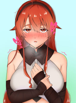 1girl blush breasts eris_greyrat fingerless_gloves flustered gloves half-closed_eyes hands_on_own_chest heart highres large_breasts long_hair looking_at_viewer mushoku_tensei open_mouth red_eyes red_hair solo sweat teeth tongue very_long_hair