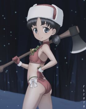 ass axe bikini black_hair christmas flintard girls_und_panzer hat holding holding_weapon nina_(girls_und_panzer) red_bikini swimsuit ushanka weapon