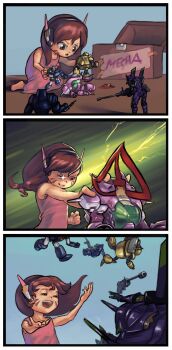 1girl 3koma aged_down arm_blade barefoot blizzard_(company) brown_eyes brown_hair cameo chain_sword child chrono_(series) chrono_trigger comic d.va_(overwatch) dress eva_01 female_focus gd6_chain_sword gipsy_danger glv great_mazinger great_mazinger_(robot) grin happy headphones highres jaeger_(pacific_rim) legendary_pictures mazinger_(series) mazinger_z mazinger_z_(mecha) meka_(overwatch) neon_genesis_evangelion overwatch overwatch_1 pacific_rim pan_pacific_defense_corps pink_dress playing_games robo_(chrono_trigger) robo_(square_enix) smile solo square_enix sword toy weapon whip whip_sword wrist_blades