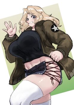 1girl adapted_costume black_shirt black_shorts blonde_hair blue_eyes bomber_jacket border bougainvillea_(unnryuu) breasts brown_jacket commentary_request cowboy_shot criss-cross_straps emblem girls_und_panzer gradient_background green_background grin groin hand_up highres jacket kay_(girls_und_panzer) long_hair long_sleeves looking_at_viewer midriff military_uniform navel open_clothes open_jacket open_palm parted_bangs saunders_military_uniform shiny_skin shirt short_shorts shorts side_slit side_slit_shorts smile solo star_(symbol) thighhighs thighs white_border white_thighhighs
