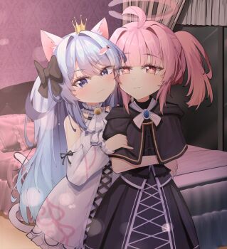 2girls ahoge animal_ears black_capelet blue_hair bow brooch capelet cat_ears cat_girl cat_tail charlotte_nekohime commentary commission crown dress english_commentary hair_bow highres indie_virtual_youtuber jewelry long_hair mini_crown multiple_girls pink_eyes pink_hair reqware tail tiobax_aurorax variant_set virtual_youtuber white_dress