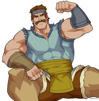 1boy bara bartre_(fire_emblem) brown_hair commentary commission english_commentary facial_hair fire_emblem fire_emblem:_the_binding_blade flexing highres male_focus muscular muscular_male mustache nintendo revealyoursins second-party_source short_hair simple_background solo twitter_username variant_set white_background