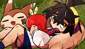 1boy ahoge apple applin black_hair blue_socks blueberry_academy_school_uniform brown_fur closed_eyes colored_inner_hair commentary_request crossed_bangs curled_tail dot_nose food fruit furret gen_2_pokemon gen_8_pokemon grass hair_between_eyes hairband highres jacket kieran_(pokemon) lettuce_no_hito looking_at_viewer lying lying_on_animal lying_on_another lying_on_pokemon male_focus multicolored_hair nintendo on_back open_mouth outdoors pokemon pokemon_(creature) pokemon_on_chest pokemon_sv purple_hair school_uniform socks striped_fur two-tone_hair white_jacket worm yellow_eyes yellow_hairband