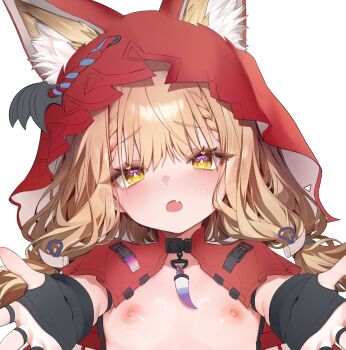 1girl animal_ears arknights arknights:_endfield blonde_hair blush breasts buckle cloak commentary diamond-shaped_pupils diamond_(shape) embarrassed fang fingerless_gloves fox_ears gloves hair_between_eyes harin_05 heart highres hood hood_up hooded_cloak jewelry looking_at_viewer nipples no_bra no_shirt open_mouth outstretched_arms pendant portrait reaching reaching_towards_viewer red_hood rossi_(arknights) sidelocks simple_background skin_fang small_breasts solo symbol-shaped_pupils untranslatable_commentary white_background yellow_eyes