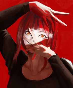 1girl black_dress chainsaw_man dress hands_up hashtag-only_commentary highres lips makima_(chainsaw_man) red_background red_eyes red_hair self-upload simple_background yuki7zz