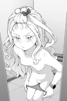 1girl blush borrowed_character bow breasts closed_mouth collarbone commentary commission doorway english_commentary female_pubic_hair forehead frown geewhy greyscale hair_bow highres indoors leaning_forward long_hair looking_at_viewer monochrome navel nipples original panties panty_pull pixiv_commission pubic_hair pussy small_breasts solo standing sweatdrop topless_female uncensored underwear undressing watch