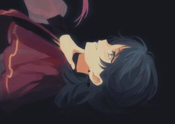 2girls absurdres amoris_(bang_dream!) bang_dream! bang_dream!_it&#039;s_mygo!!!!! black_background black_hair capelet closed_mouth commentary_request earrings geosmichi77 hand_on_another&#039;s_neck highres jewelry medium_hair multiple_girls purple_hair red_capelet strangling timoris_(bang_dream!) yahata_umiri yuutenji_nyamu