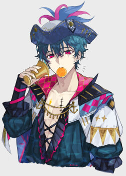 1boy anchor_ornament argyle_clothes arm_ribbon artist_name blue_cape blue_hair blue_hat blue_shirt blush brant_(wuthering_waves) cape collarbone commentary_request cup earrings emblem fingernails food food_in_mouth frills fruit hair_between_eyes half-closed_eyes hand_up hat hat_feather hat_ornament highres holding holding_cup jewelry long_sleeves looking_at_viewer male_focus notice_lines open_mouth orange_(fruit) orange_slice pink_eyes pink_shirt pino_hu_mgmg pirate_hat puffy_long_sleeves puffy_sleeves ribbon shirt short_hair simple_background solo star_(symbol) star_print teeth two-sided_cape two-sided_fabric two-sided_headwear two-sided_shirt upper_body white_background white_cape white_hat wuthering_waves
