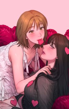 Rule 34 | 2girls, bad thinking diary, black hair, black shirt, brown hair, commentary request, dress, girl on top, hands on another's shoulders, heart, heart-shaped pillow, highres, kim minji (bad thinking diary), korean commentary, long hair, looking at viewer, lying, mouth hold, multiple girls, pillow, rangrarii, shirt, short hair, sleeveless, sleeveless dress, straddling, striped clothes, striped shirt, vertical-striped clothes, vertical-striped shirt, white dress, yuri