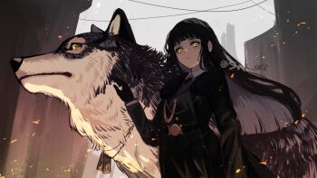 1girl absurdres belt black_belt black_coat black_fur black_gloves closed_mouth coat collar colored_inner_hair gloves grey_hair hand_up highres hime_cut long_hair multicolored_hair original sak_orz solo twitter_username two-tone_hair upper_body white_collar white_fur wolf yellow_eyes