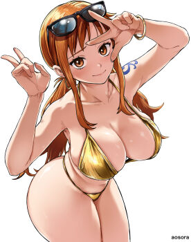 1girl aosora2823 arm_tattoo ass bikini black-framed_eyewear breasts collarbone commentary_request curvy eyewear_on_head gold_bikini highres jewelry large_breasts long_hair looking_at_viewer low_twintails nami_(one_piece) one_piece orange_hair partial_commentary shiny_skin sidelocks simple_background smile solo standing sunglasses swimsuit tattoo thick_thighs thighs thong thong_bikini twintails v w watermark white_background wide_hips