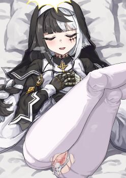1girl absurdres aftersex arrow_cross asymmetrical_gloves bed_sheet black_capelet black_hair blush borrowed_character braid braided_ponytail capelet celtic_cross censored closed_eyes closed_mouth coif cross cum cum_in_pussy cumdrip doll_joints facial_mark facing_viewer feet_out_of_frame gloves halo hands_on_own_chest highres hourglass joints kusugi_tai legs_up long_sleeves lying mismatched_gloves mosaic_censoring multicolored_hair nun on_back on_bed open_mouth original pantyhose pillow smile stole torn_clothes torn_pantyhose two-tone_hair veil violet_(ac8231) white_hair white_pantyhose