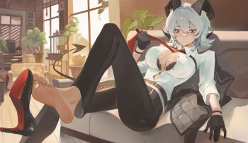 1girl absurdres black_bra black_gloves black_horns black_jacket black_pants black_pantyhose black_shoes black_tail bra bra_peek breasts chest_harness closed_mouth collared_shirt couch curled_horns demon_tail earrings feet gloves grey_hair hair_between_eyes harness high_heels highres horns incredibly_absurdres indoors jacket jacket_on_shoulders jewelry key_earrings large_breasts liudaohai6001 long_hair looking_at_viewer multicolored_hair necktie on_couch pants pantyhose pantyhose_under_pants red_eyes red_necktie shirt shirt_tucked_in shoes soles solo streaked_hair tail tight_clothes tight_pants toes underwear white_shirt wuthering_waves zani_(wuthering_waves)