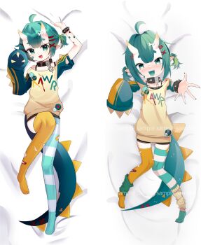 2024 2025 absurdres bed_sheet chio_chompi dakimakura_(medium) dinosaur_tail green_tail highres indie_virtual_youtuber kuriimubanira reaching reaching_towards_viewer sheet_grab tail