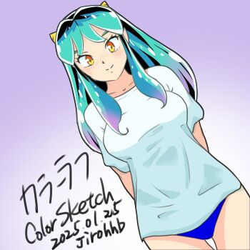 1girl aqua_hair arms_behind_back artist_name blue_panties breasts collarbone cone_horns dated dutch_angle gradient_background gradient_hair highres horns jirohhb long_hair looking_at_viewer lum multicolored_hair orange_eyes panties panty_peek purple_background shirt sidelocks signature solo standing underwear urusei_yatsura white_shirt